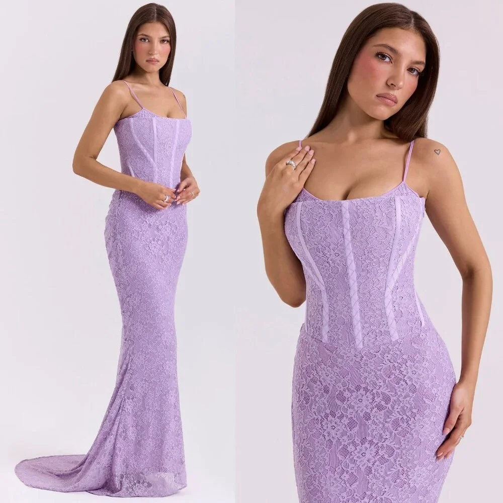 House of CB Antonina Maxi Dress Purple Orchid Lace Corset‎ Size L